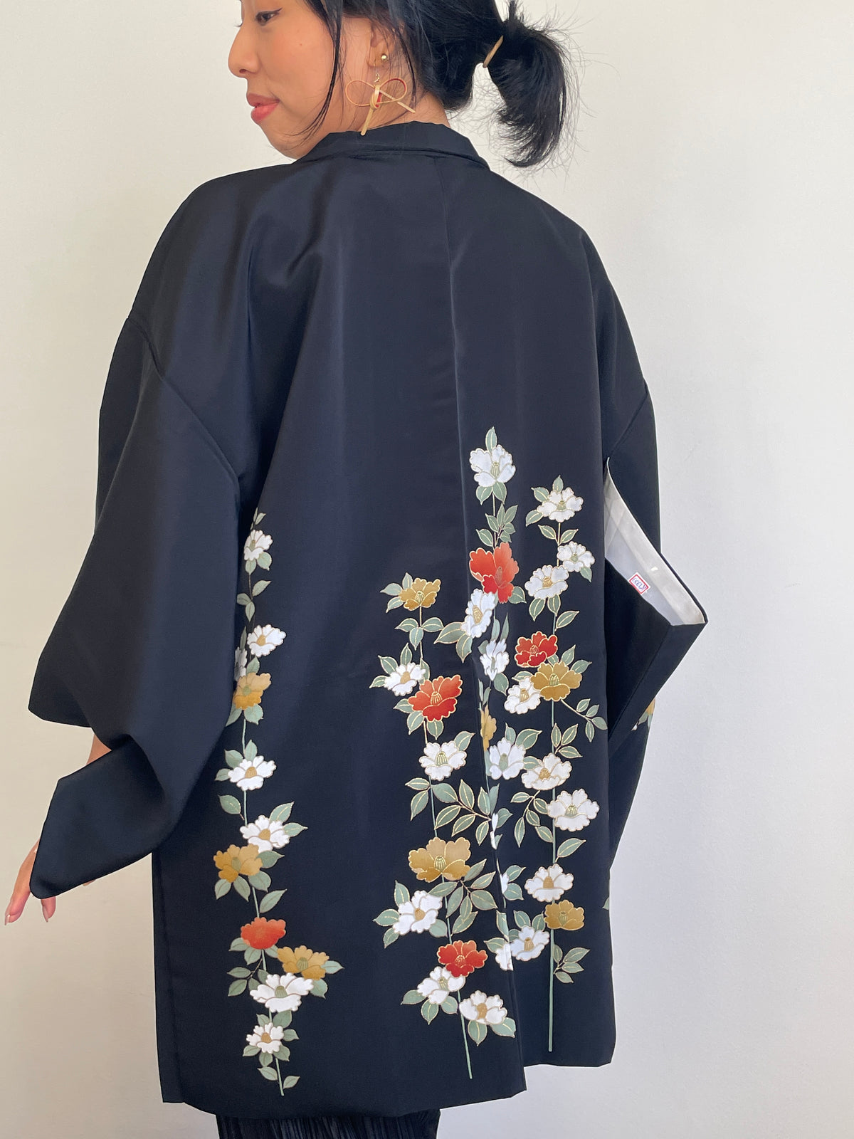 Haori Black with Painted Peonies in Silk