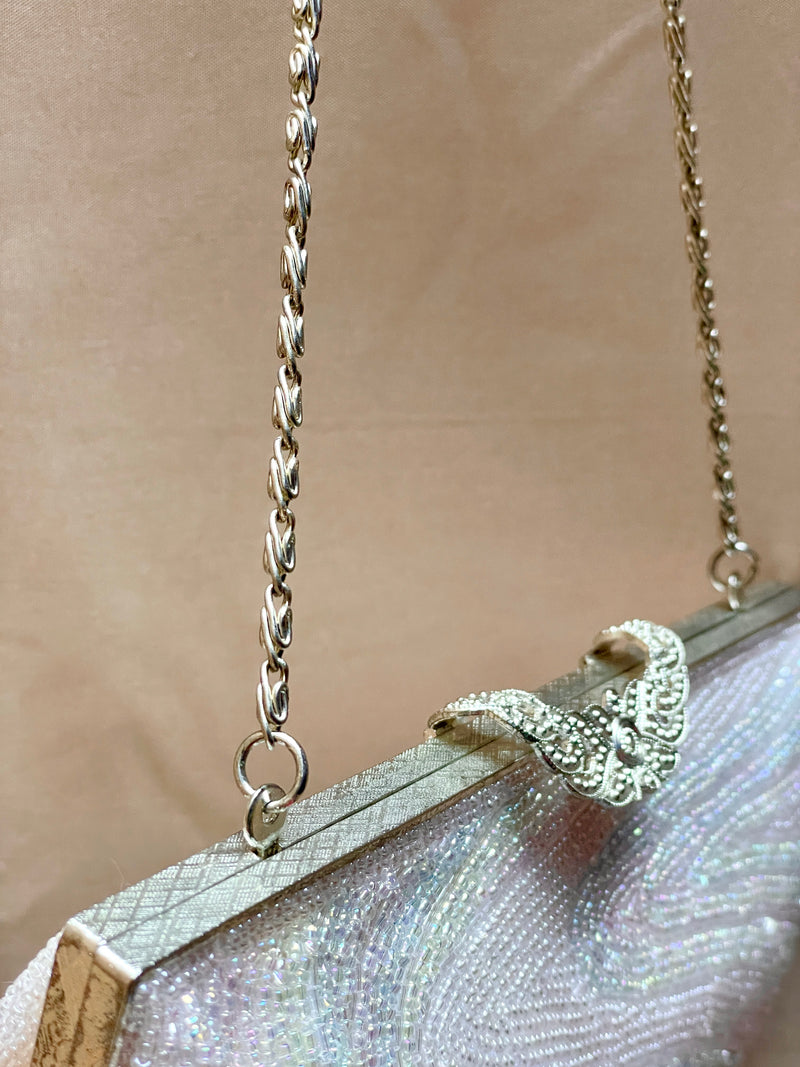 Beaded Handbag Pale Pink with Embroidered Colorful Waves
