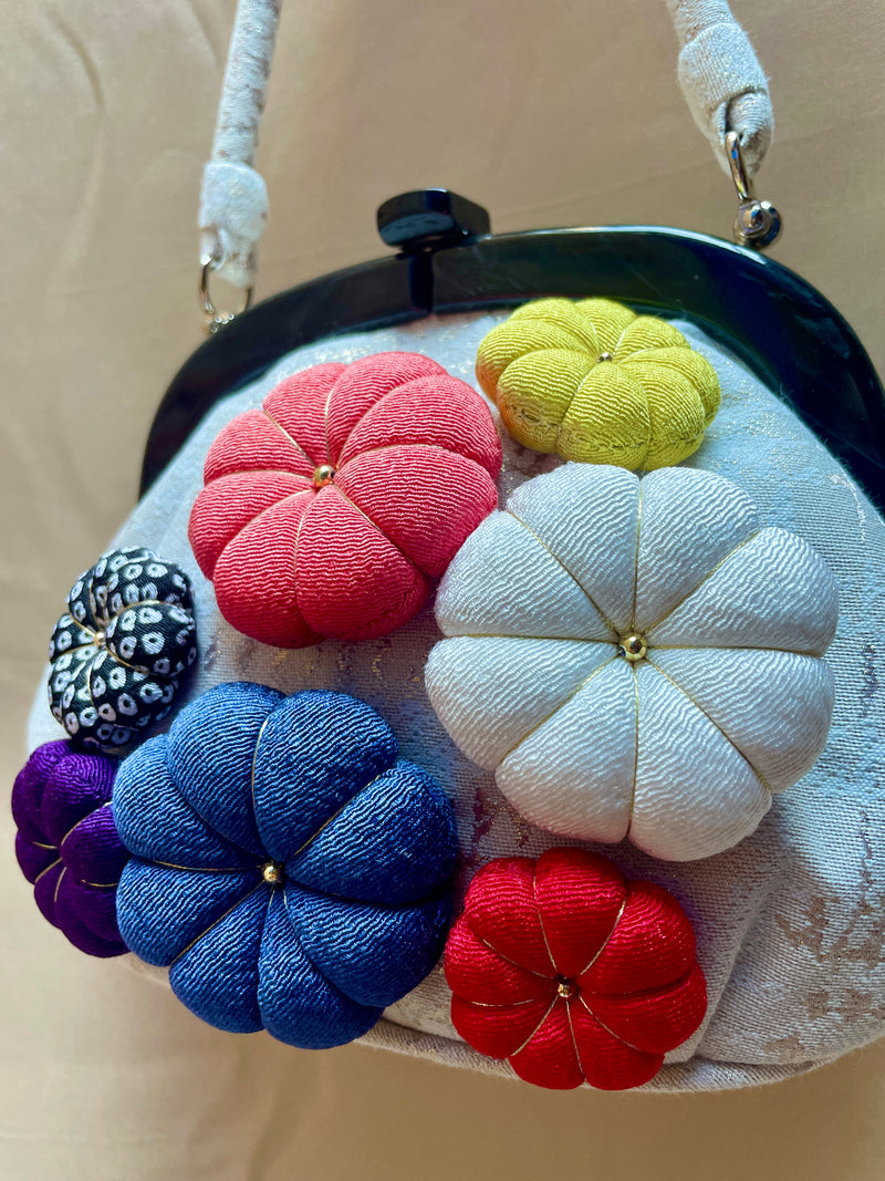 Japanese Handbag with Chirimen Flowers in Kimono Fabric