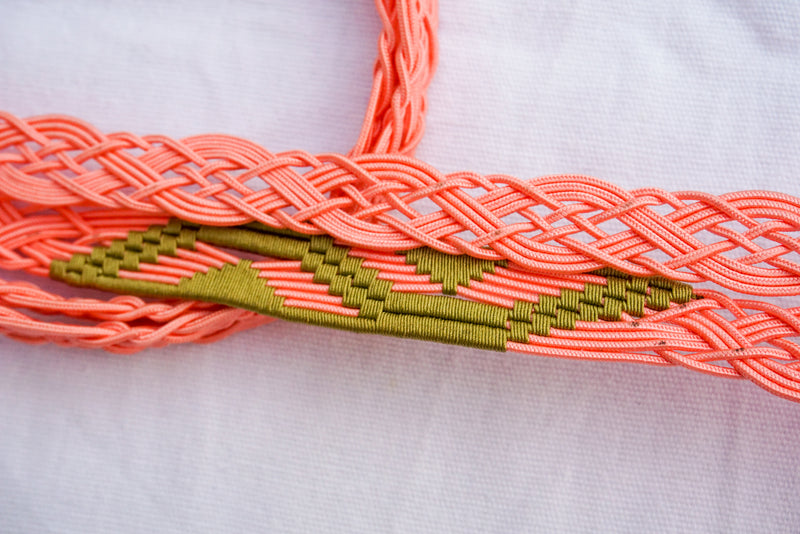 Obijime Flat Braid Pastel Pink with Moss Green Details