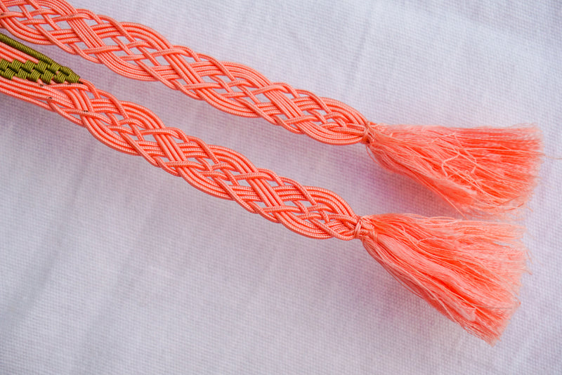Obijime Flat Braid Pastel Pink with Moss Green Details