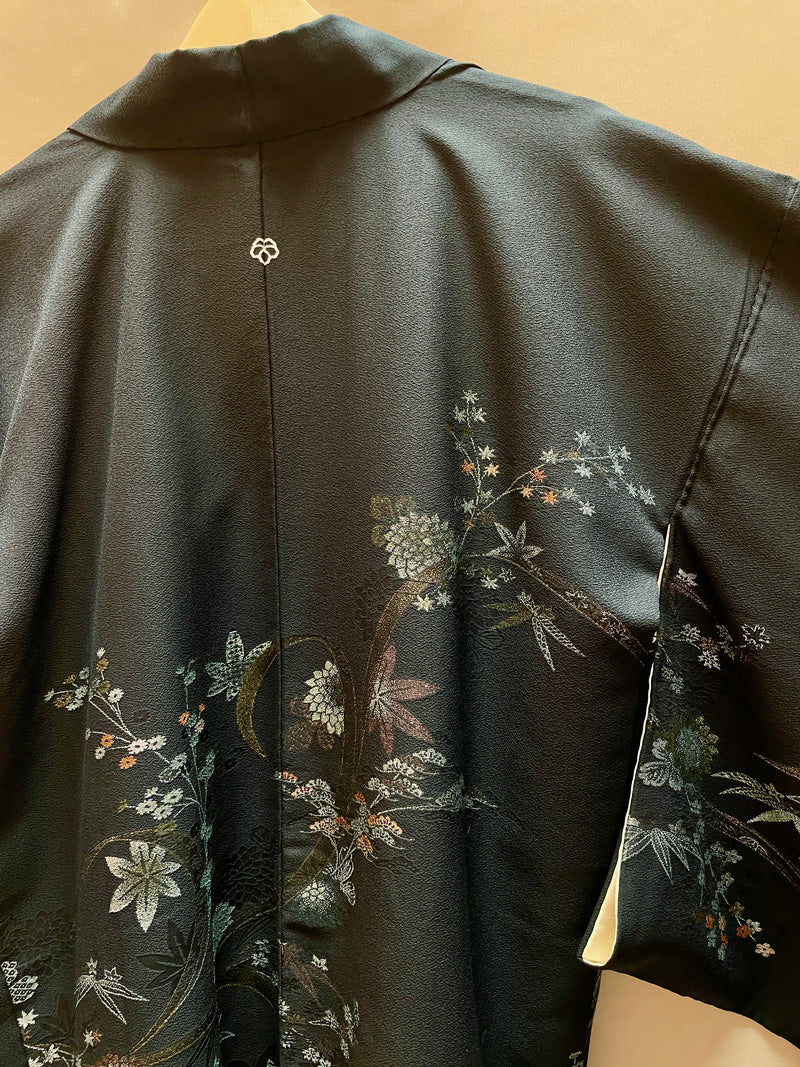 Haori Jacket Black with Metallic Colorful Flower Embroideries in Silk