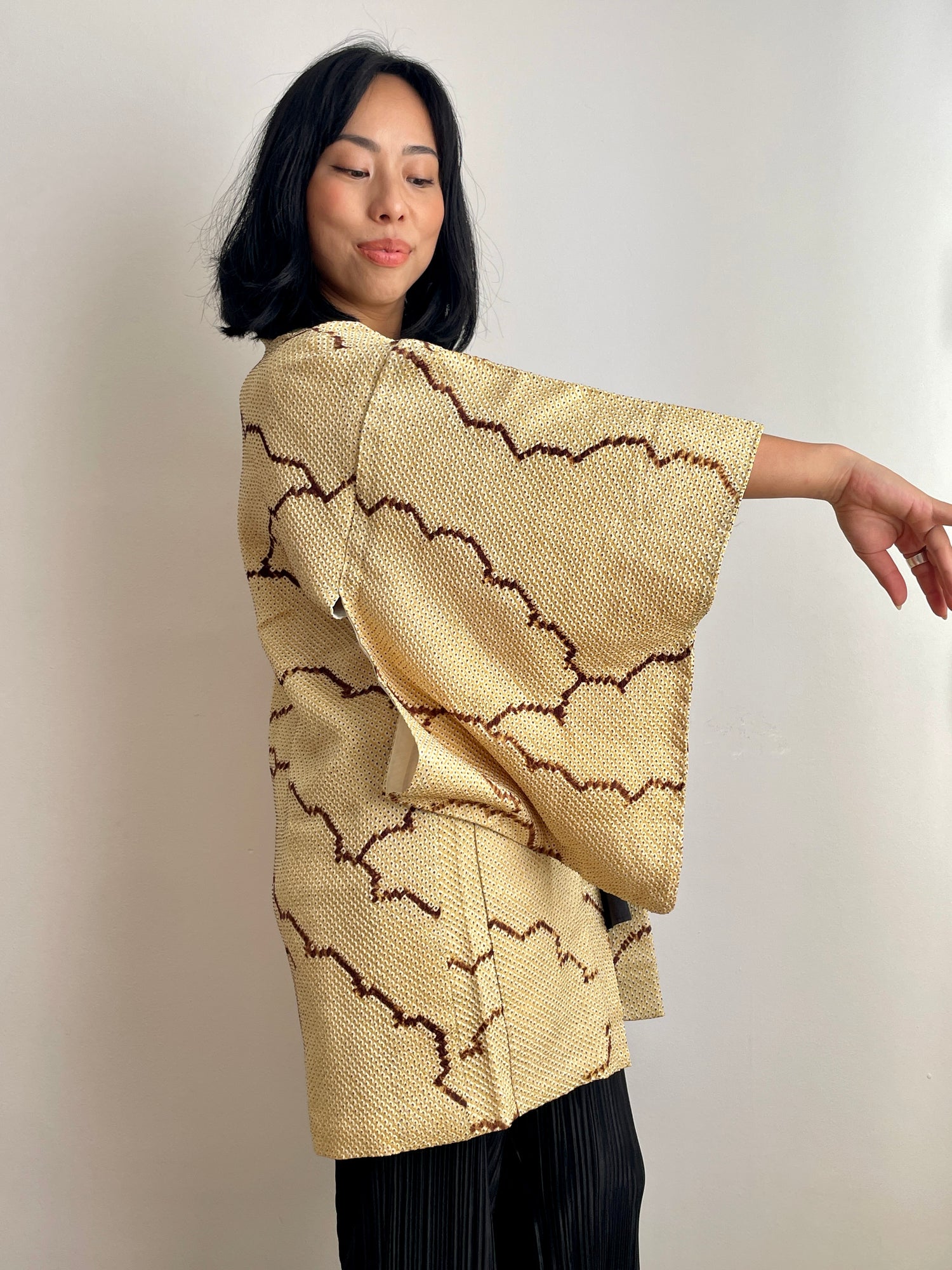 Haori Shibori Yellow with Chocolate Lines in Silk