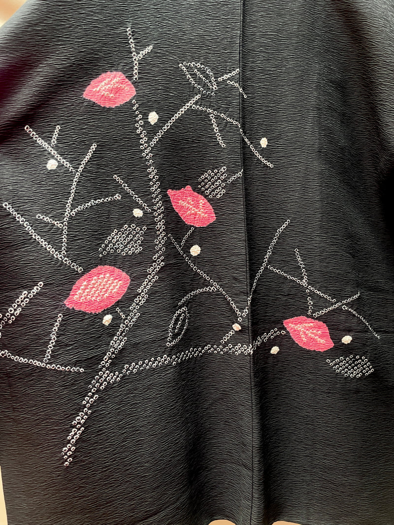 Haori Jacket in Black Silk Crepe with Shibori Art