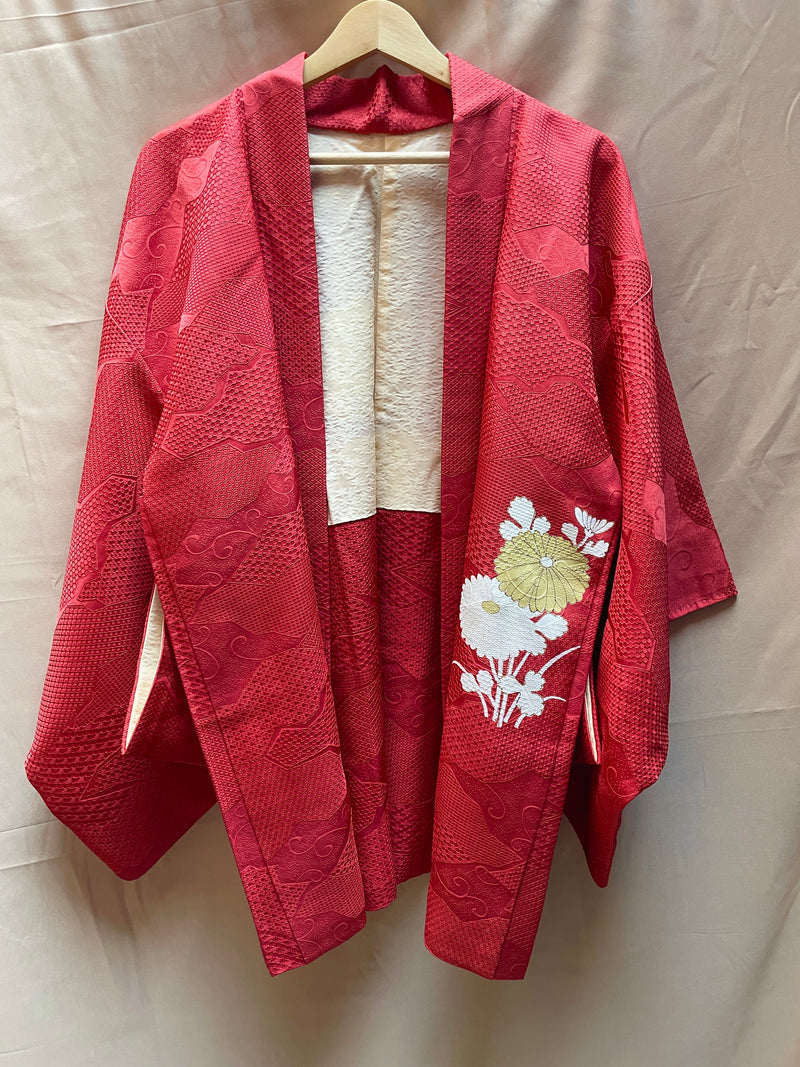 Haori Jacket Cerise Magenta with Flowers and Patterns in Silk
