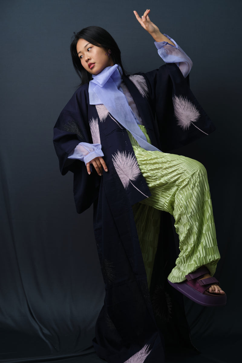 Kimono Sheer Dark Purple with Lilac and Black Embroideries