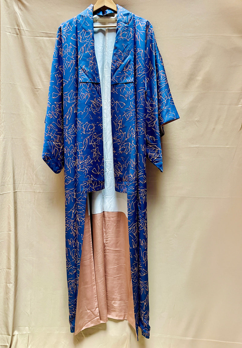 Kimono Navy Dark Blue with Mauve Lines in Silk