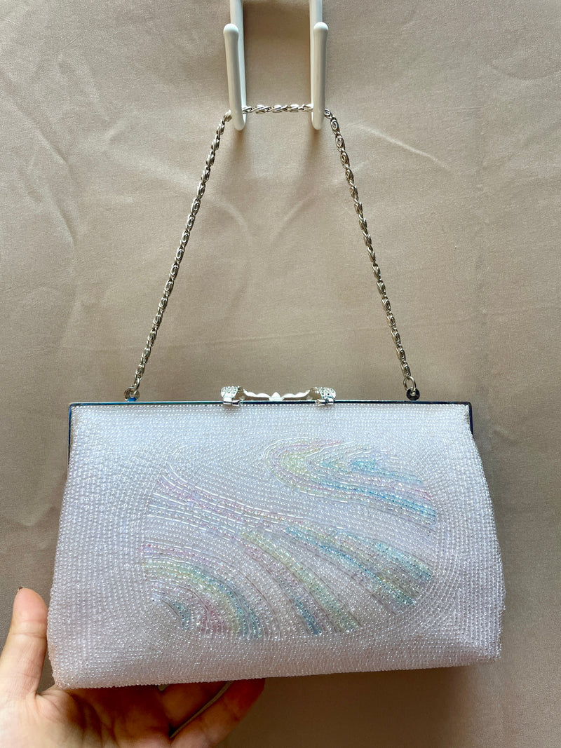 Beaded Handbag Pale Pink with Embroidered Colorful Waves