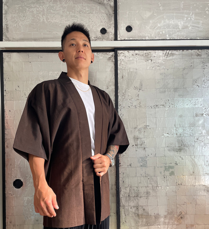 Men’s Haori Jacket in Brown Tsumugi Silk