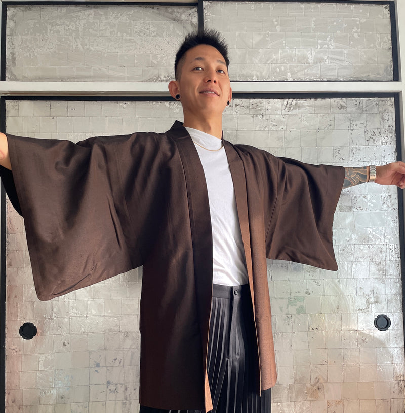 Men’s Haori Jacket in Brown Tsumugi Silk