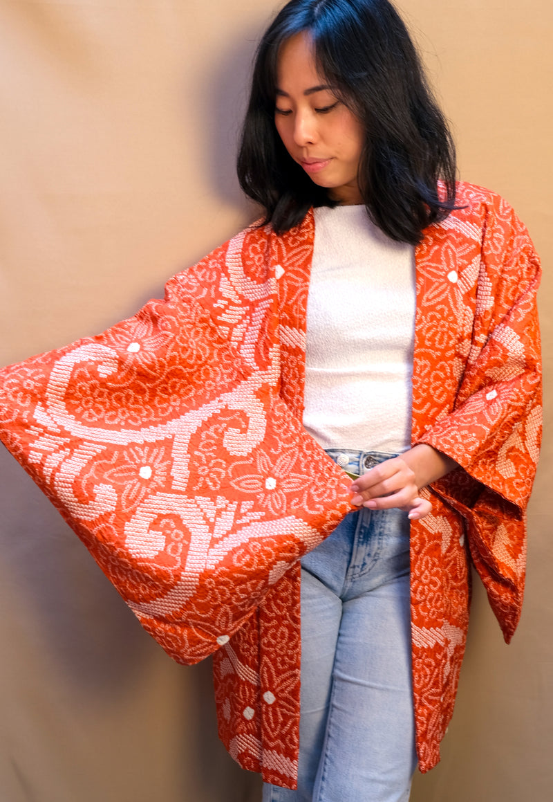 Haori Jacket Shibori Technique Orange in Silk