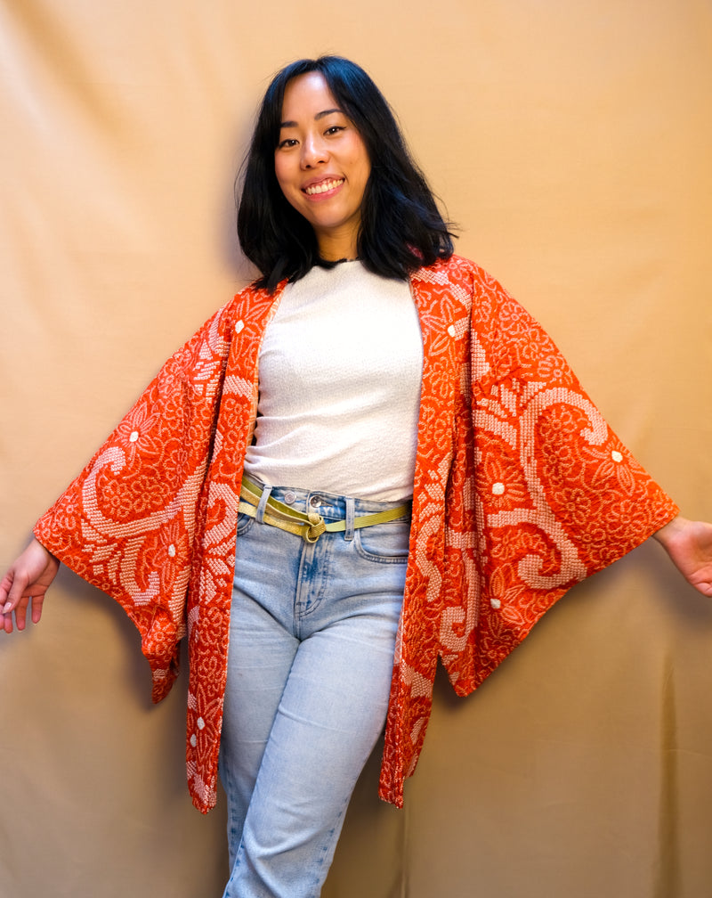 Haori Jacket Shibori Technique Orange in Silk