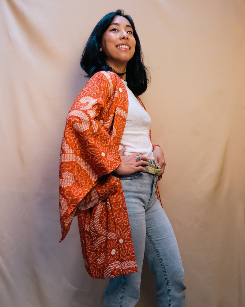 Haori Jacket Shibori Technique Orange in Silk