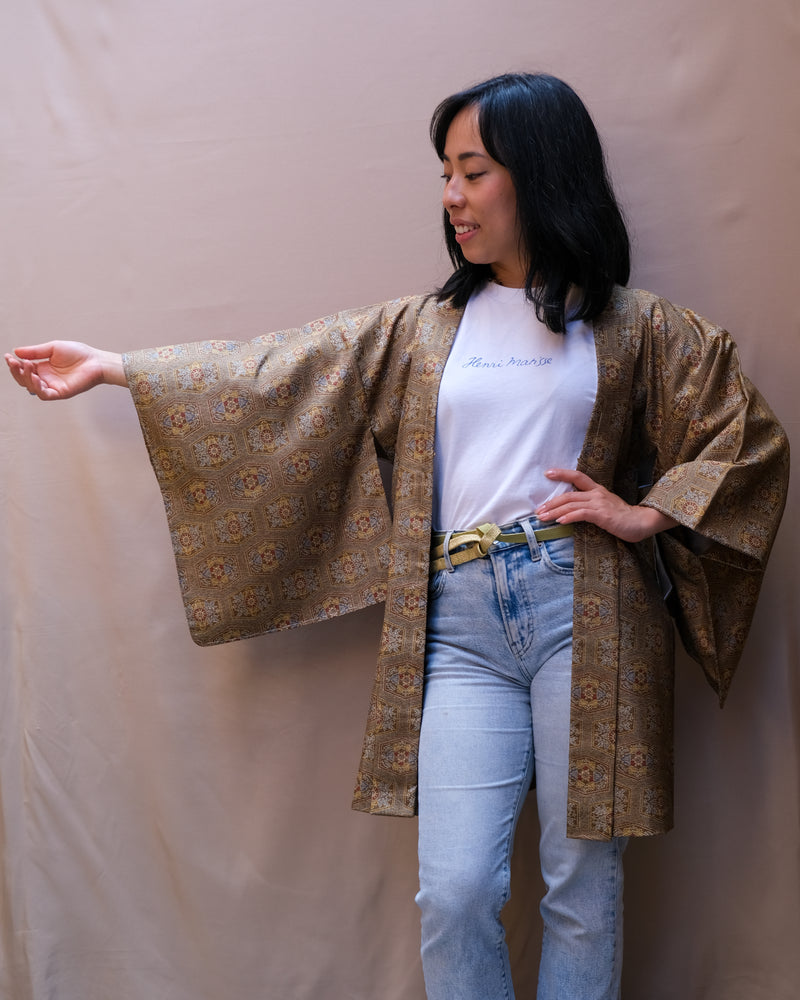 Haori Jacket Silk in Moss Green Tiles