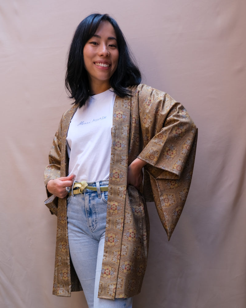 Haori Jacket Silk in Moss Green Tiles