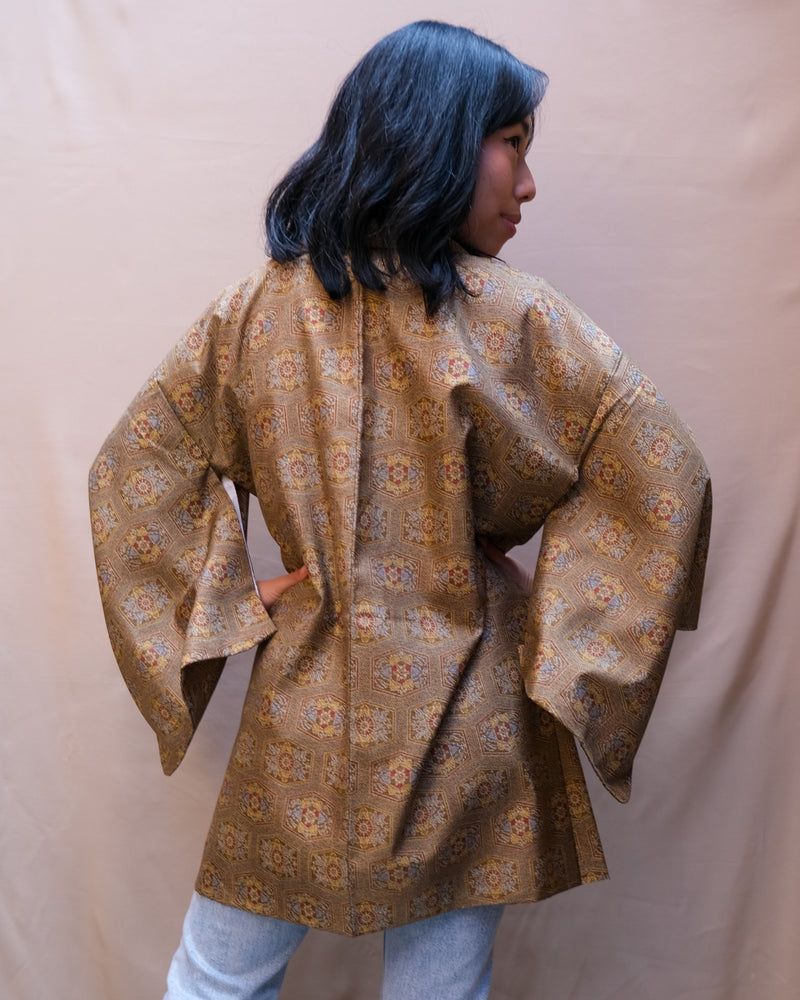Haori Jacket Silk in Moss Green Tiles