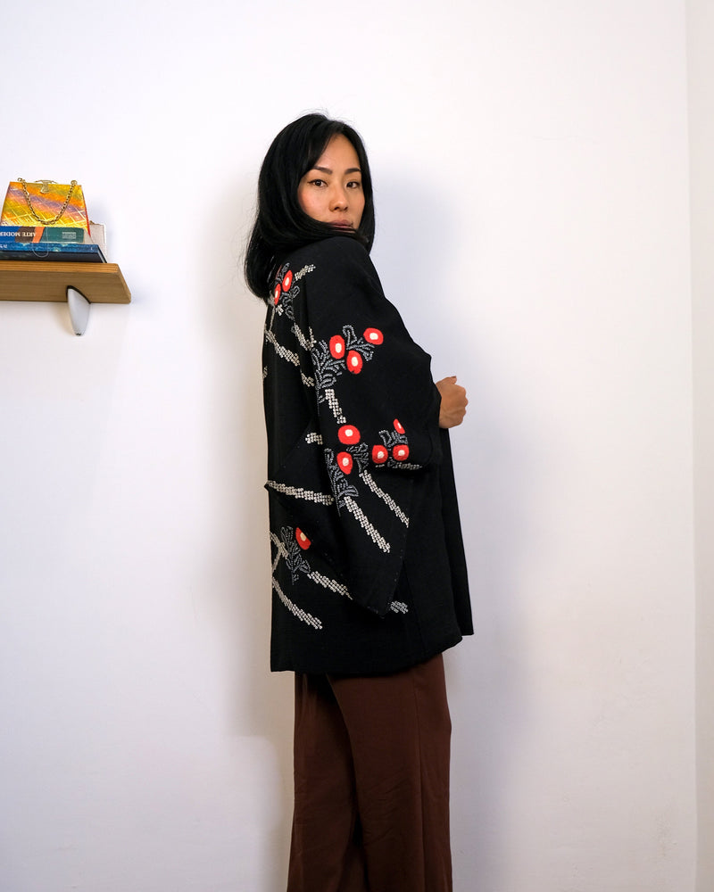 Haori Jacket Black with Shibori Flowers
