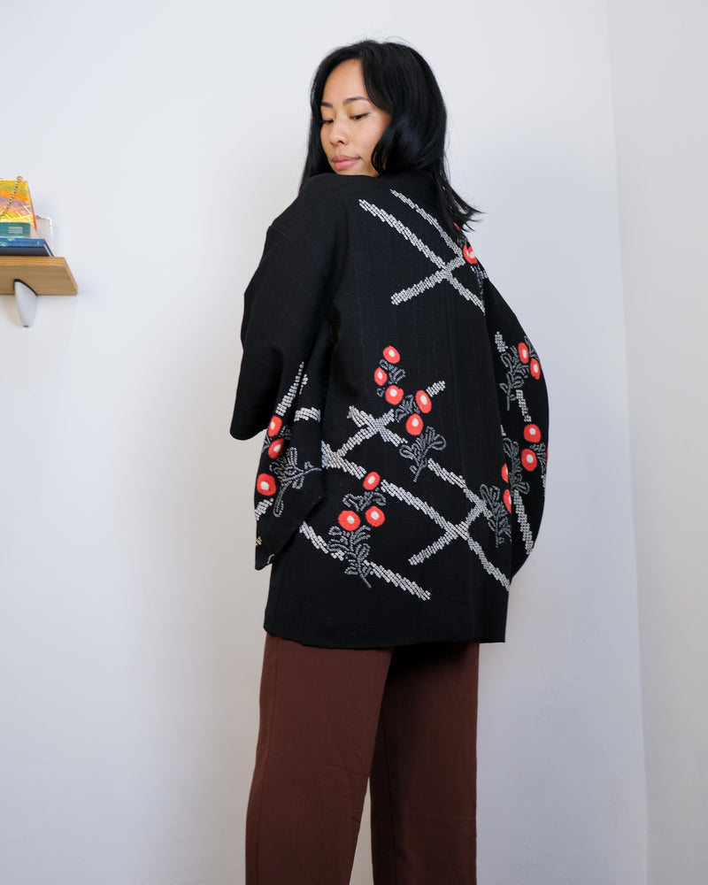 Haori Jacket Black with Shibori Flowers