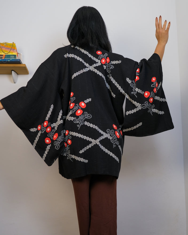 Haori Jacket Black with Shibori Flowers