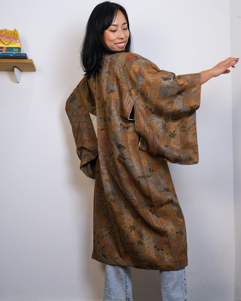 Kimono Autumn Colors with Japanese Patterns in Silk