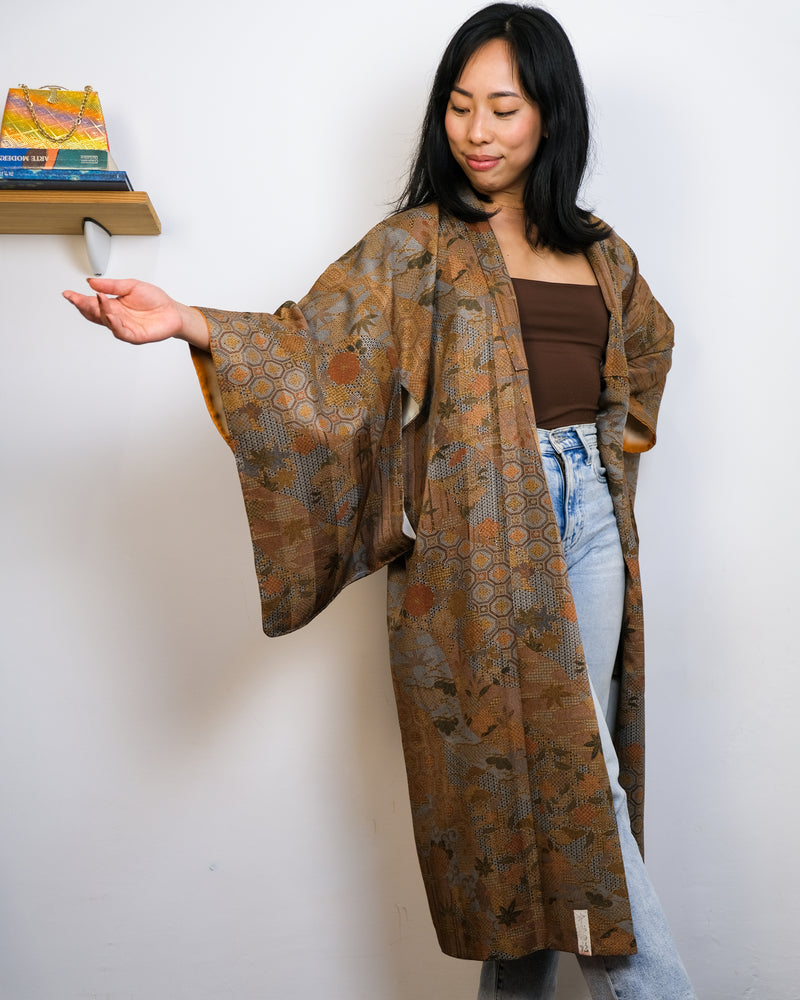 Kimono Autumn Colors with Japanese Patterns in Silk