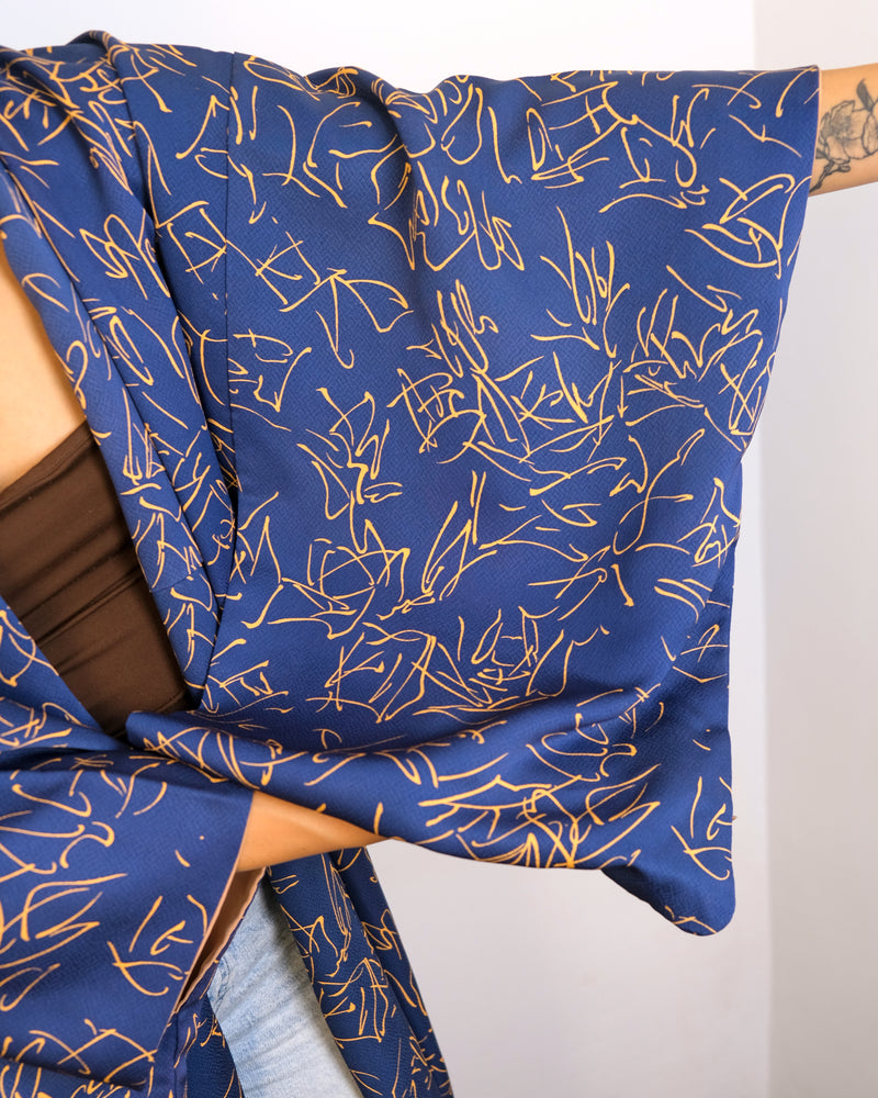 Kimono Dark Blue Calligraphy in Silk