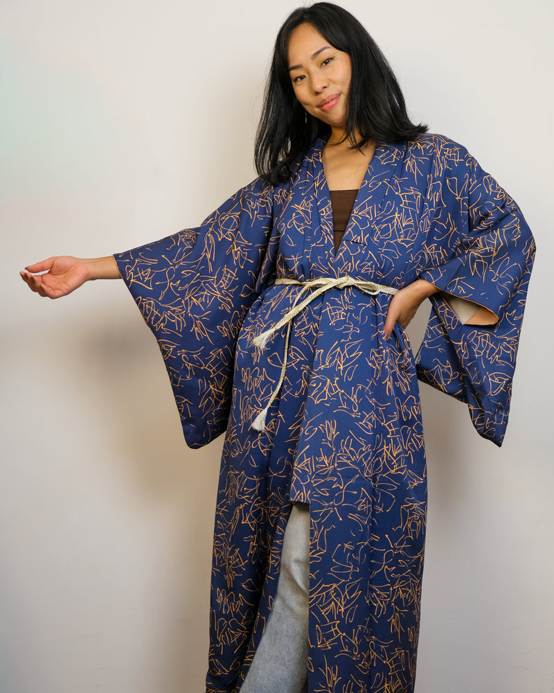 Kimono Dark Blue Calligraphy in Silk