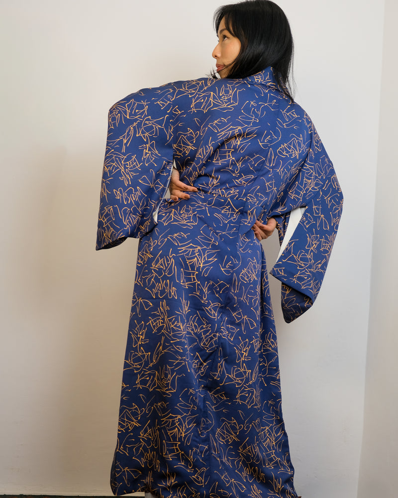 Kimono Dark Blue Calligraphy in Silk