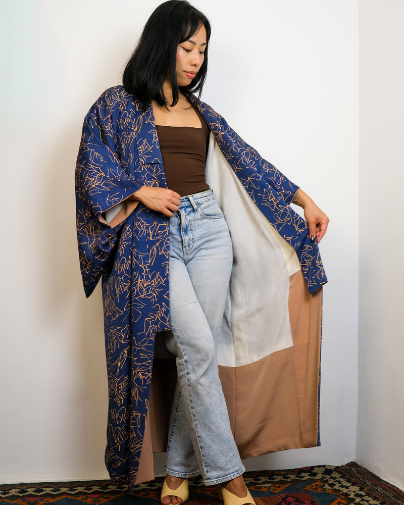 Kimono Dark Blue Calligraphy in Silk