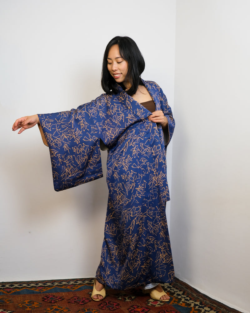 Kimono Dark Blue Calligraphy in Silk