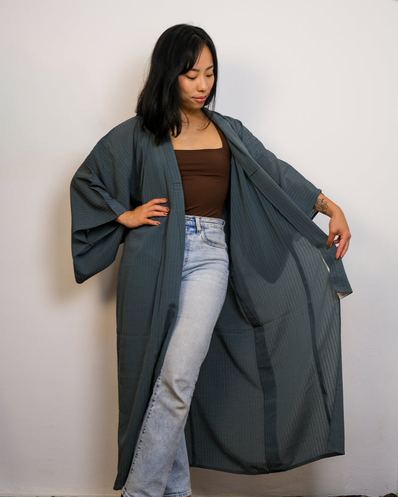 Kimono in Petrol Grey Textured Sheer Single Layer