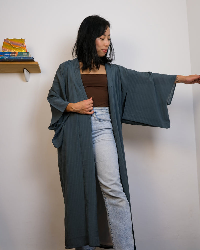 Kimono in Petrol Grey Textured Sheer Single Layer