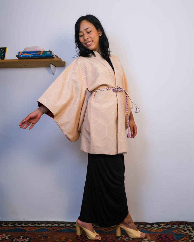 Short Kimono Turtle Shell in Pale Pink Tsumugi Silk