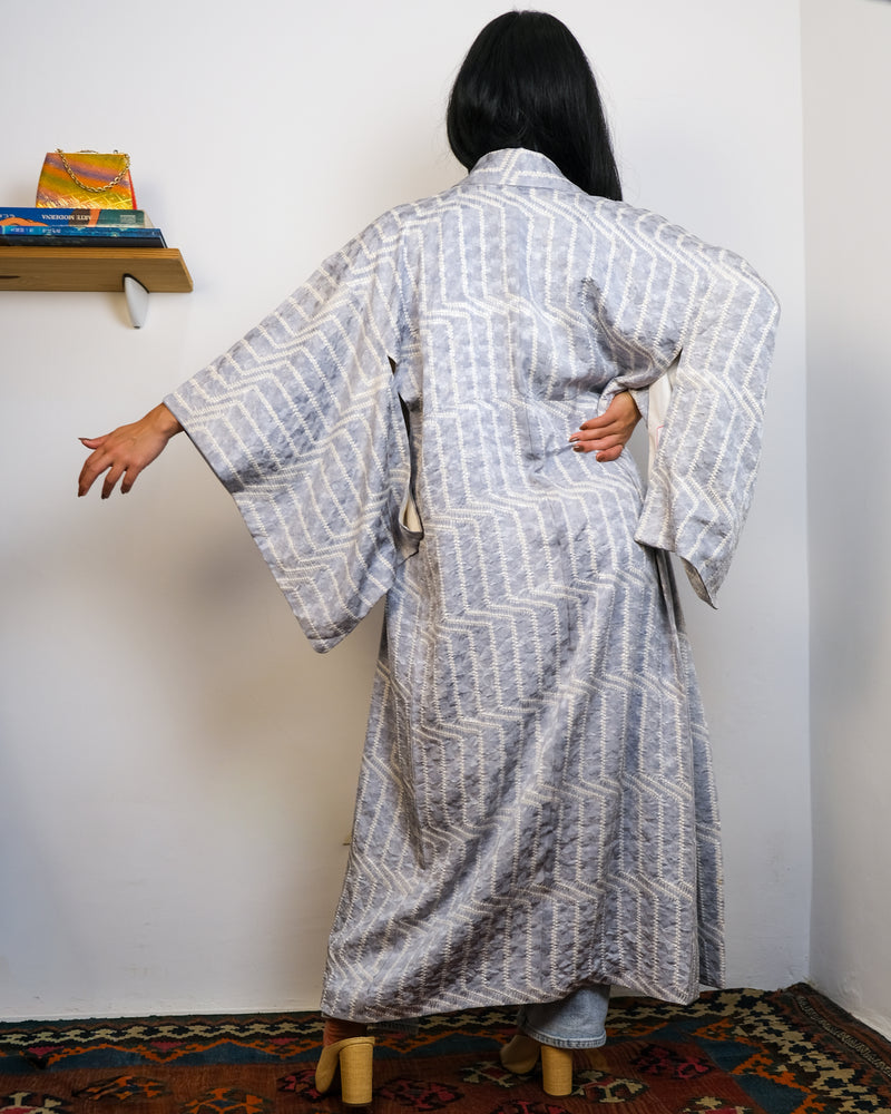 Kimono Ice Light Blue Shibori Stripes in Silk