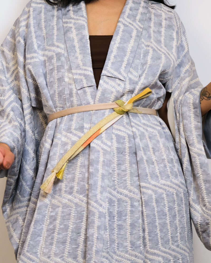 Kimono Ice Light Blue Shibori Stripes in Silk
