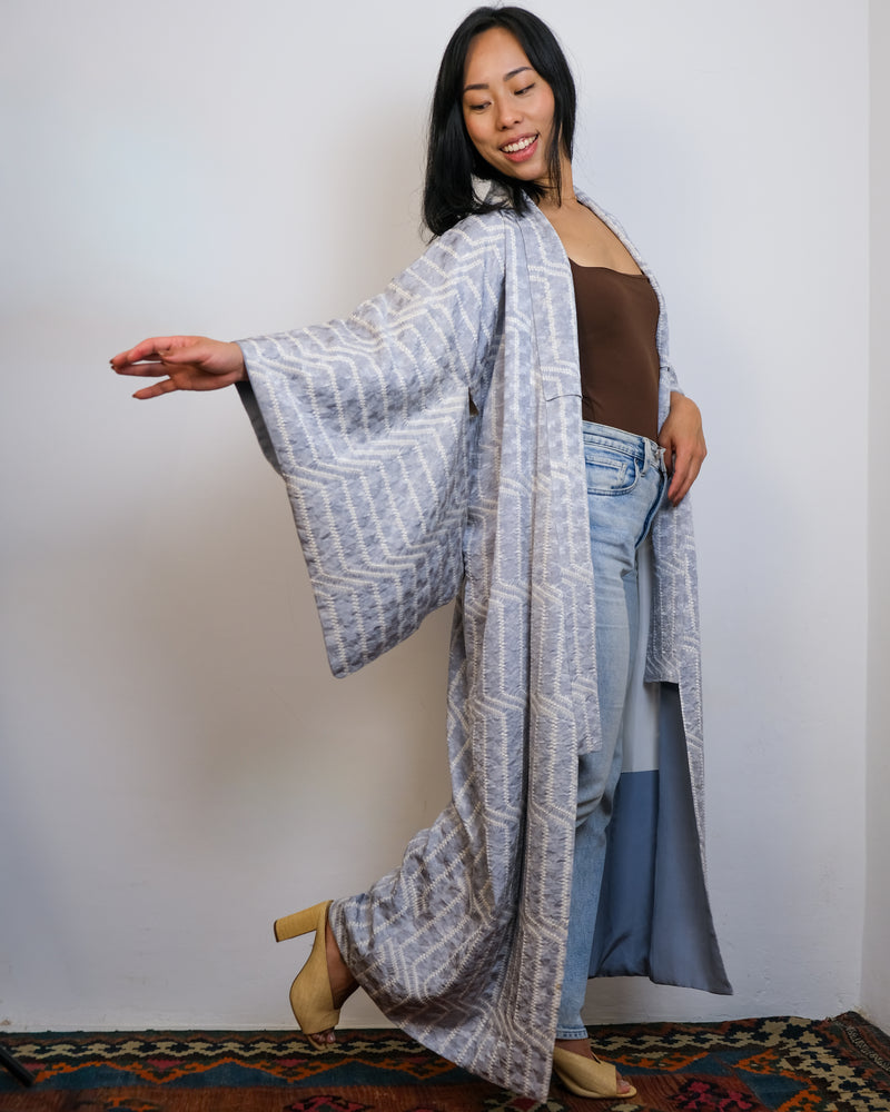 Kimono Ice Light Blue Shibori Stripes in Silk