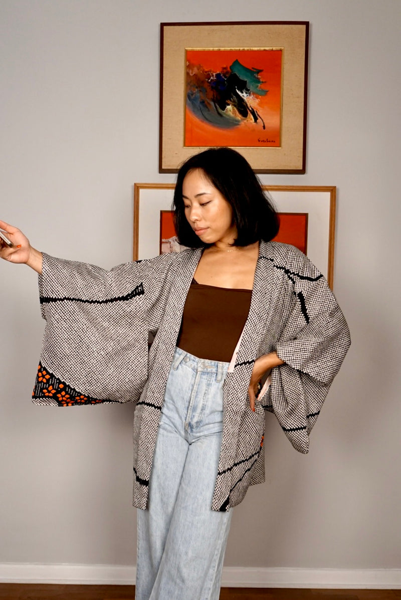 Haori in Shibori Black with Red Art