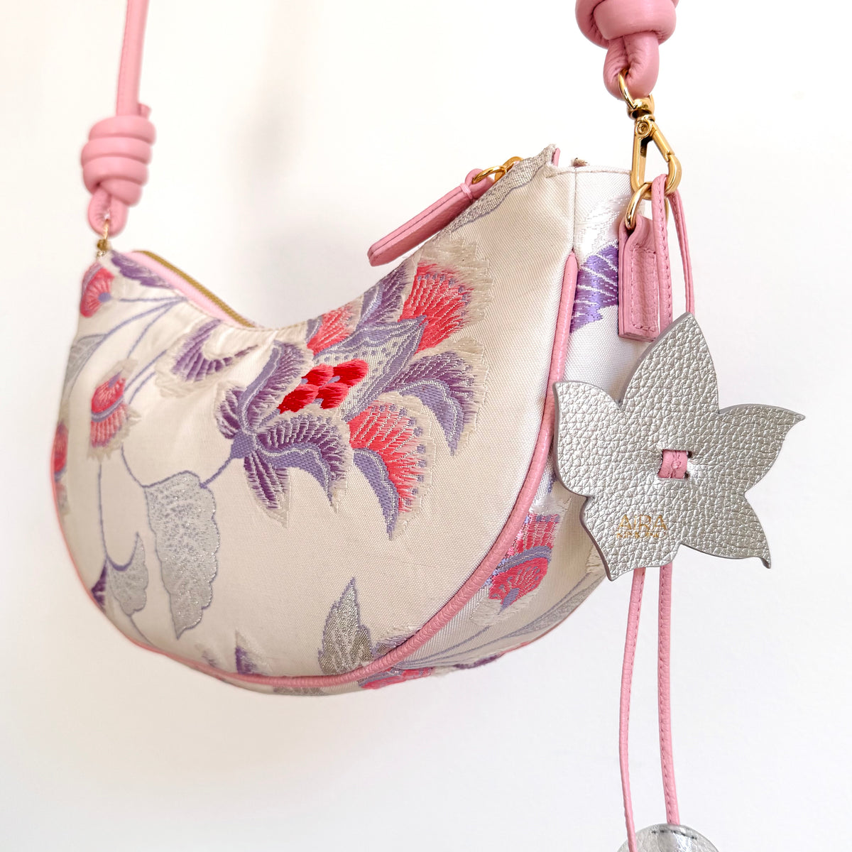 Aiko Bag: Metallic Pink and Blue Peacock and Flowers from Embroidered Obi Sash with Pink Leather Strap