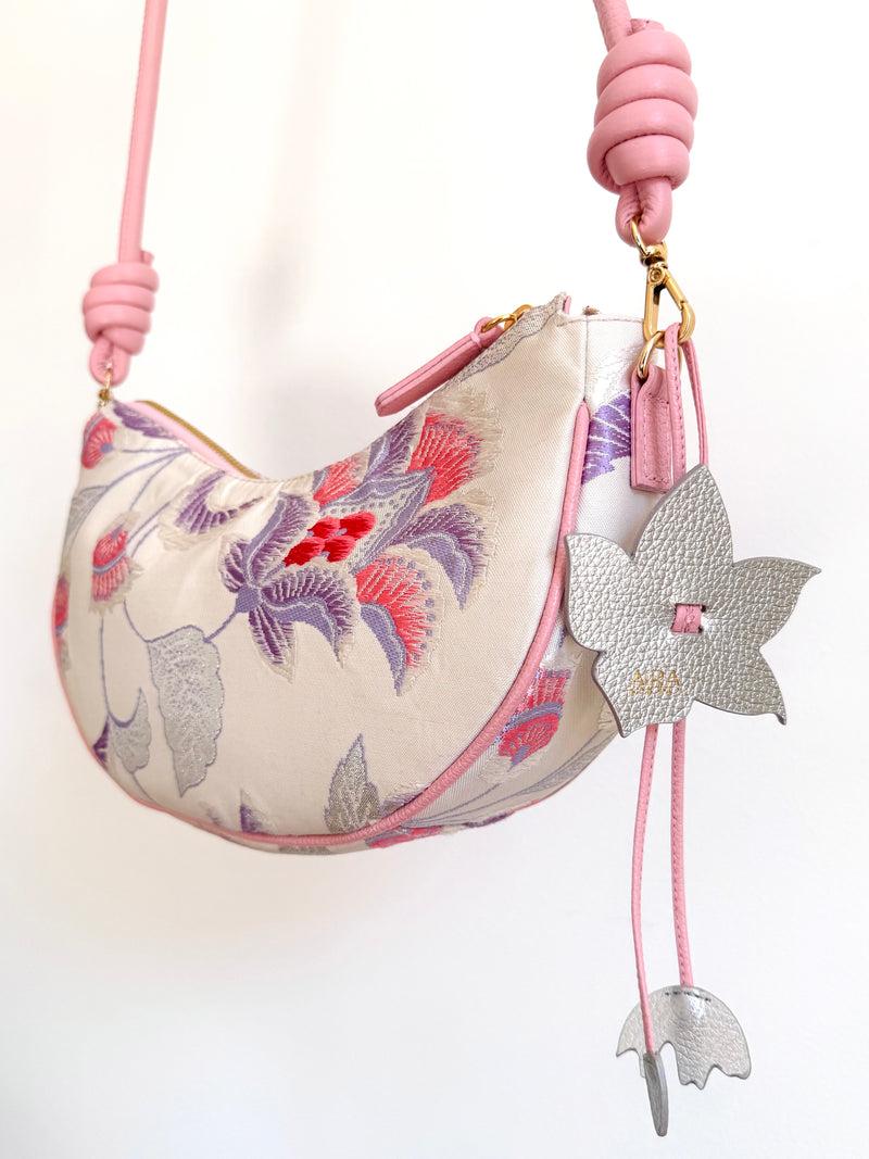 Aiko Bag: Metallic Pink and Blue Peacock and Flowers from Embroidered Obi Sash with Pink Leather Strap