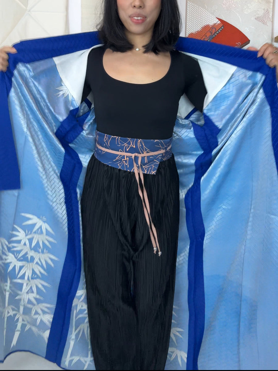 Kimono Single Layer Royal Blue with Painted Bamboo in Silk