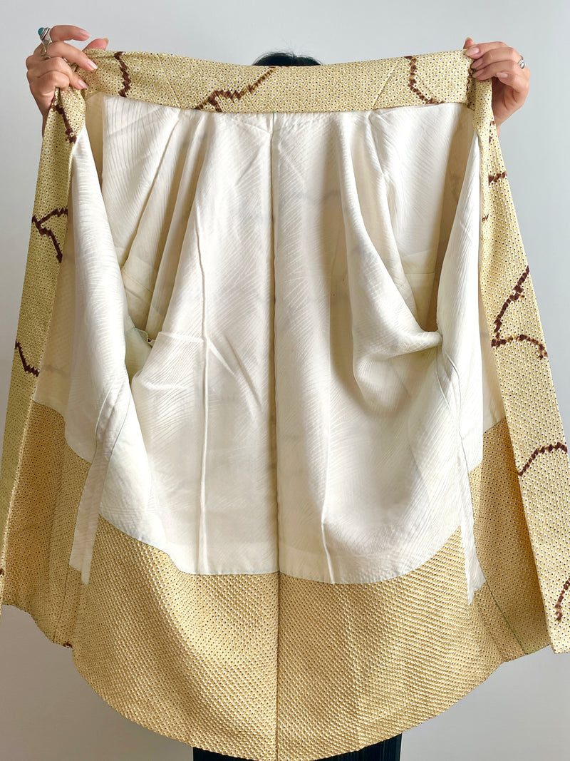 Haori Shibori Yellow with Chocolate Lines in Silk