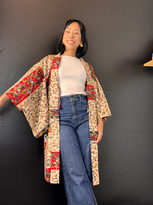 Haori Meisen Tsumugi Colorful Branches in Silk