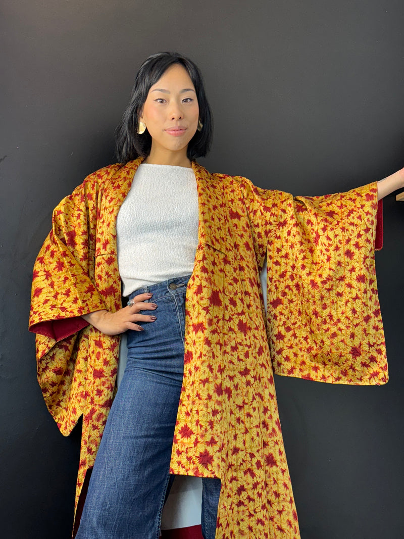 Kimono Golden Sun with Red Shibori Technique in Silk