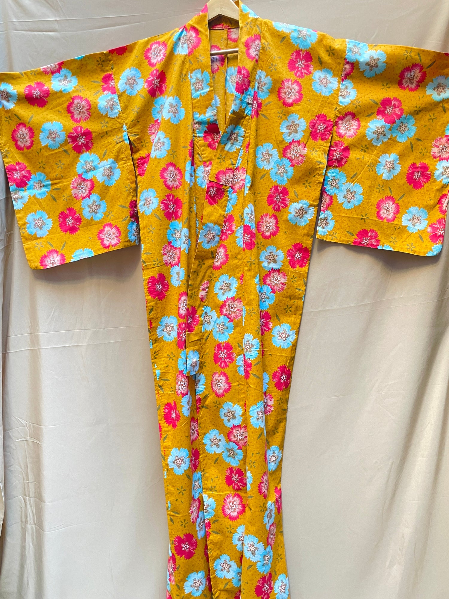 Yukata Kimono in Ochre Yellow Gold with Flowers in Cotton
