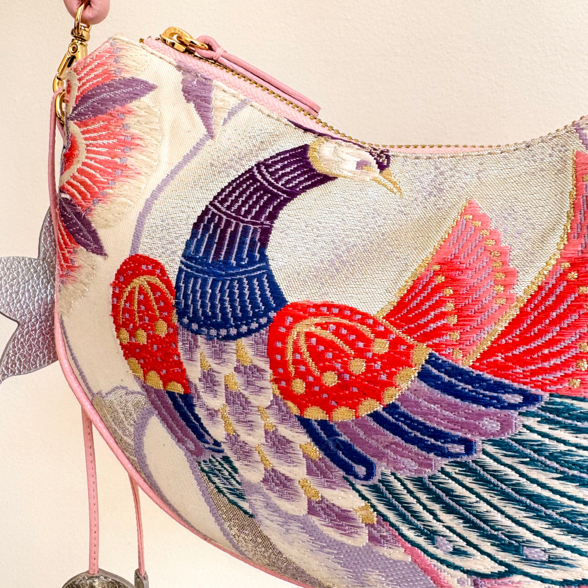 Aiko Bag: Metallic Pink and Blue Peacock and Flowers from Embroidered Obi Sash with Pink Leather Strap