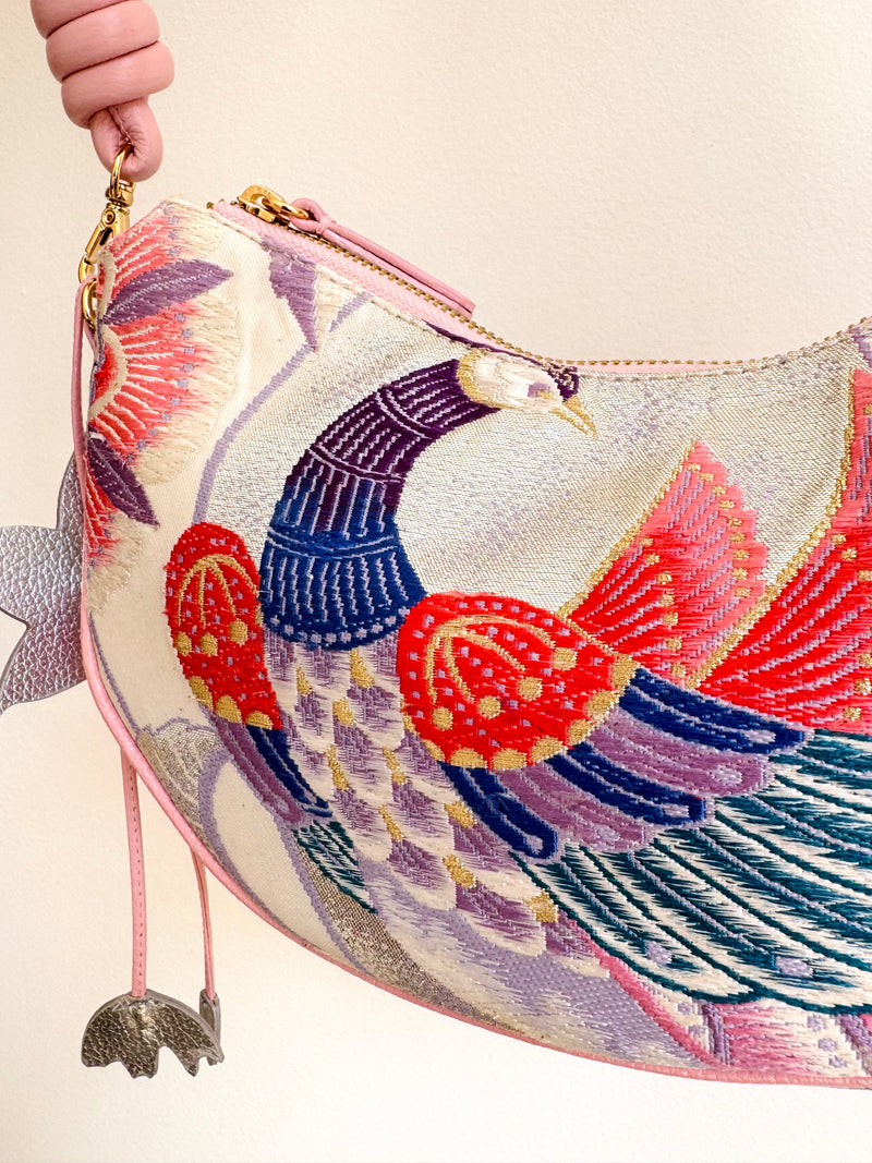 Aiko Bag: Metallic Pink and Blue Peacock and Flowers from Embroidered Obi Sash with Pink Leather Strap