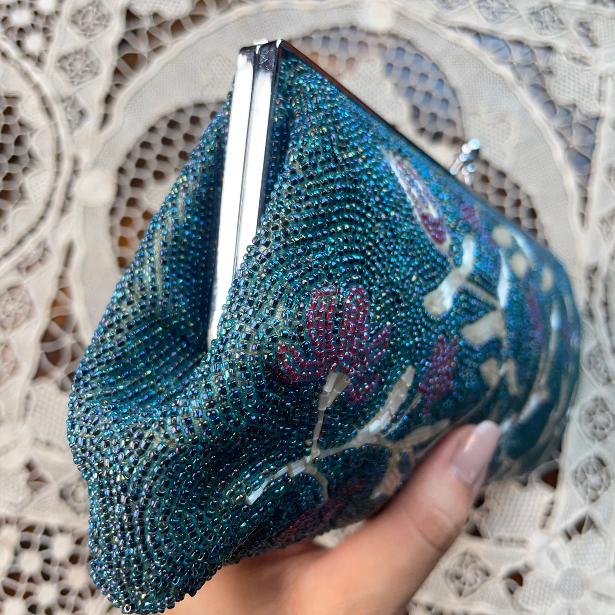 Clutch Vintage Beaded Handbag in Torquoise with Flowers