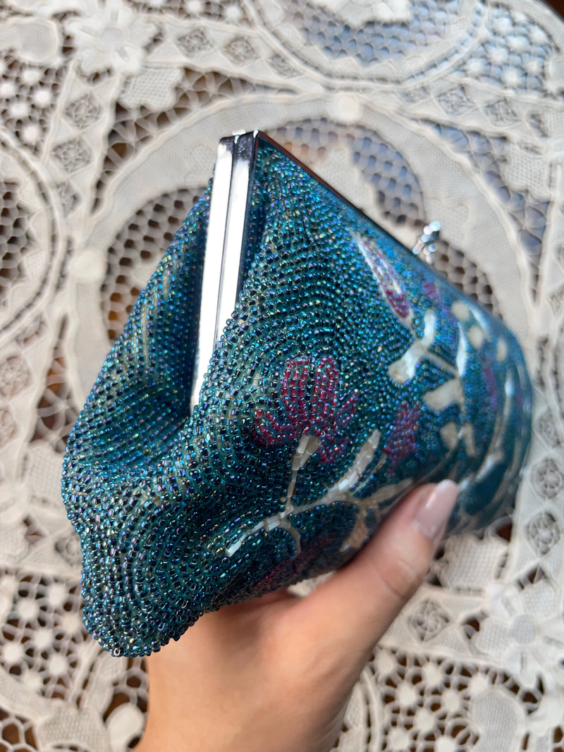 Clutch Vintage Beaded Handbag in Torquoise with Flowers