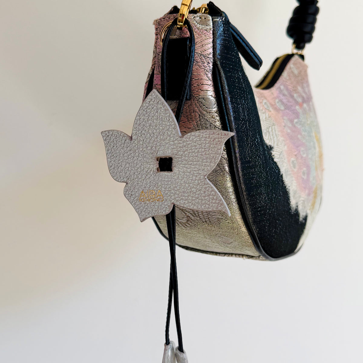 Aiko Bag: Black Metallic Black Peacock from Embroidered Obi Sash with Black Leather Strap