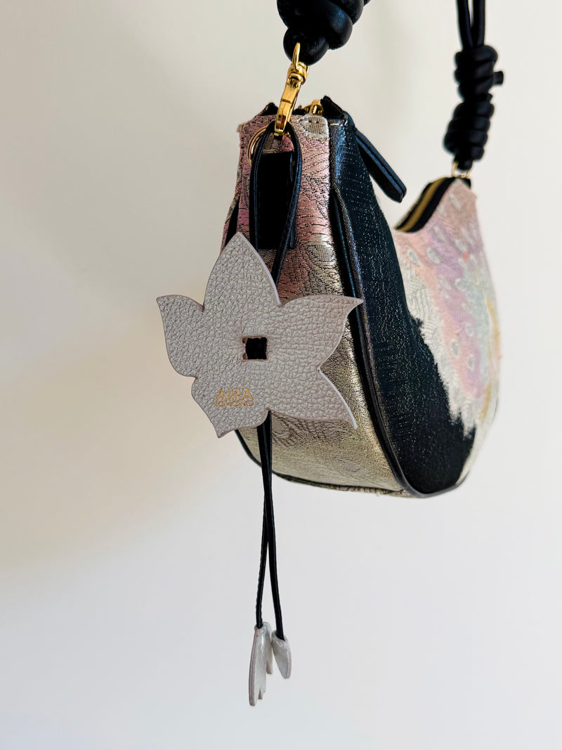 Aiko Bag: Black Metallic Black Peacock from Embroidered Obi Sash with Black Leather Strap